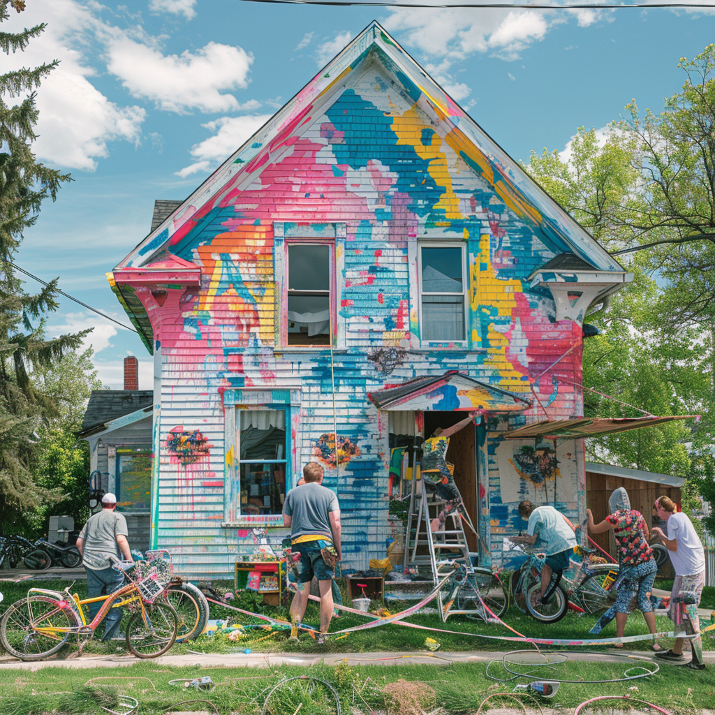 a group of people painting a house there is paint everywhere, they have bikes too