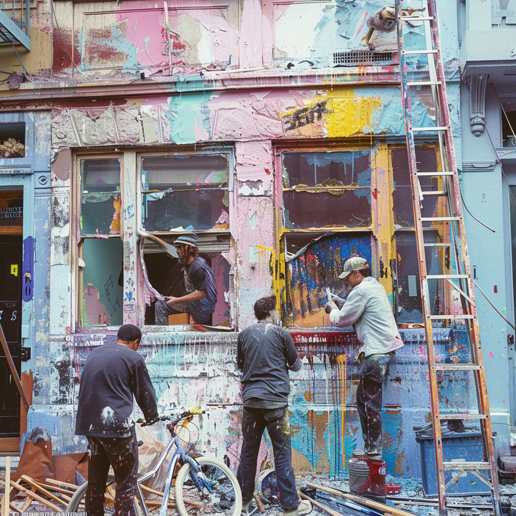 a group of people painting a house there is paint everywhere, they have bikes too