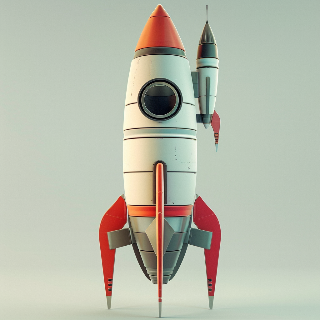 Create a high-resolution 3D rendering of a rocket with a cubist style.