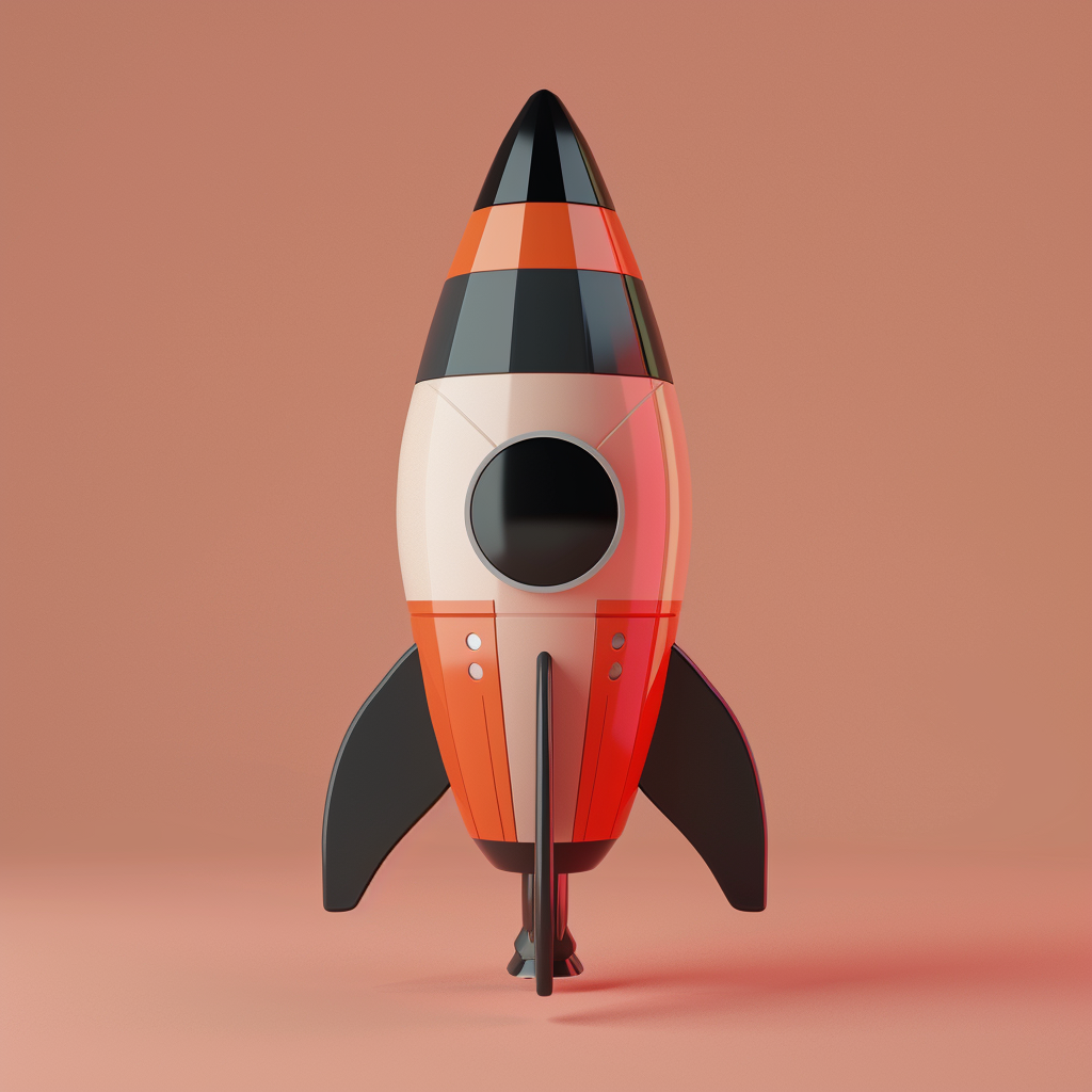 Create a high-resolution 3D rendering of a rocket with a cubist style.