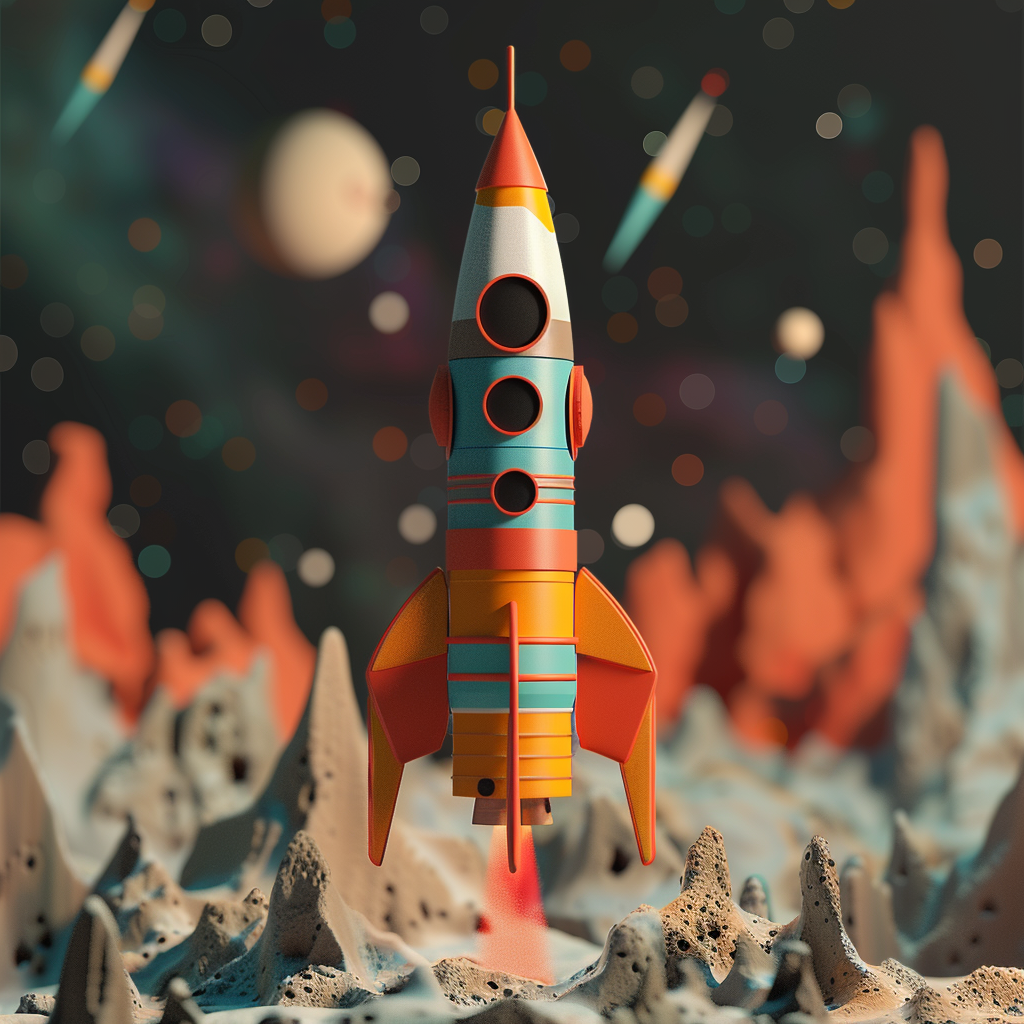 Create a high-resolution 3D rendering of a rocket with a cubist style.