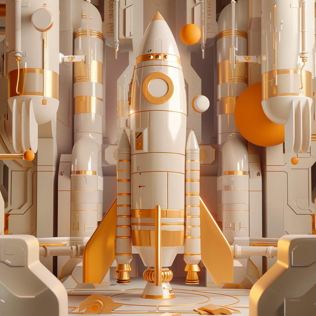 Create a high-resolution 3D rendering of a rocket with a cubist style.