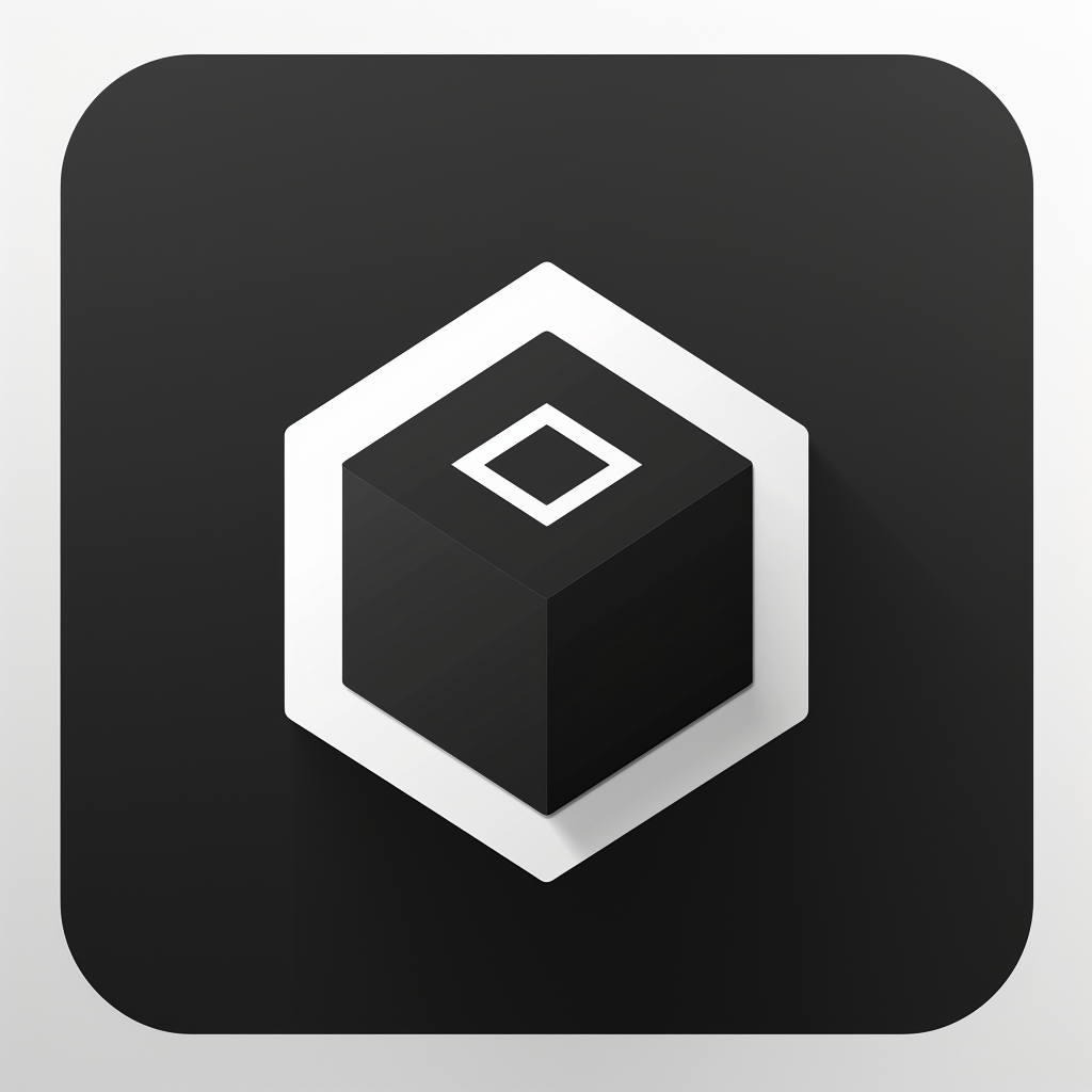 logo, minimalistic style logo of cube with white background and black symbol for company name 'iDorf', icon in the shape of an octagon that represents an augmented reality app on mobile phone, small circle inside big square, simple design