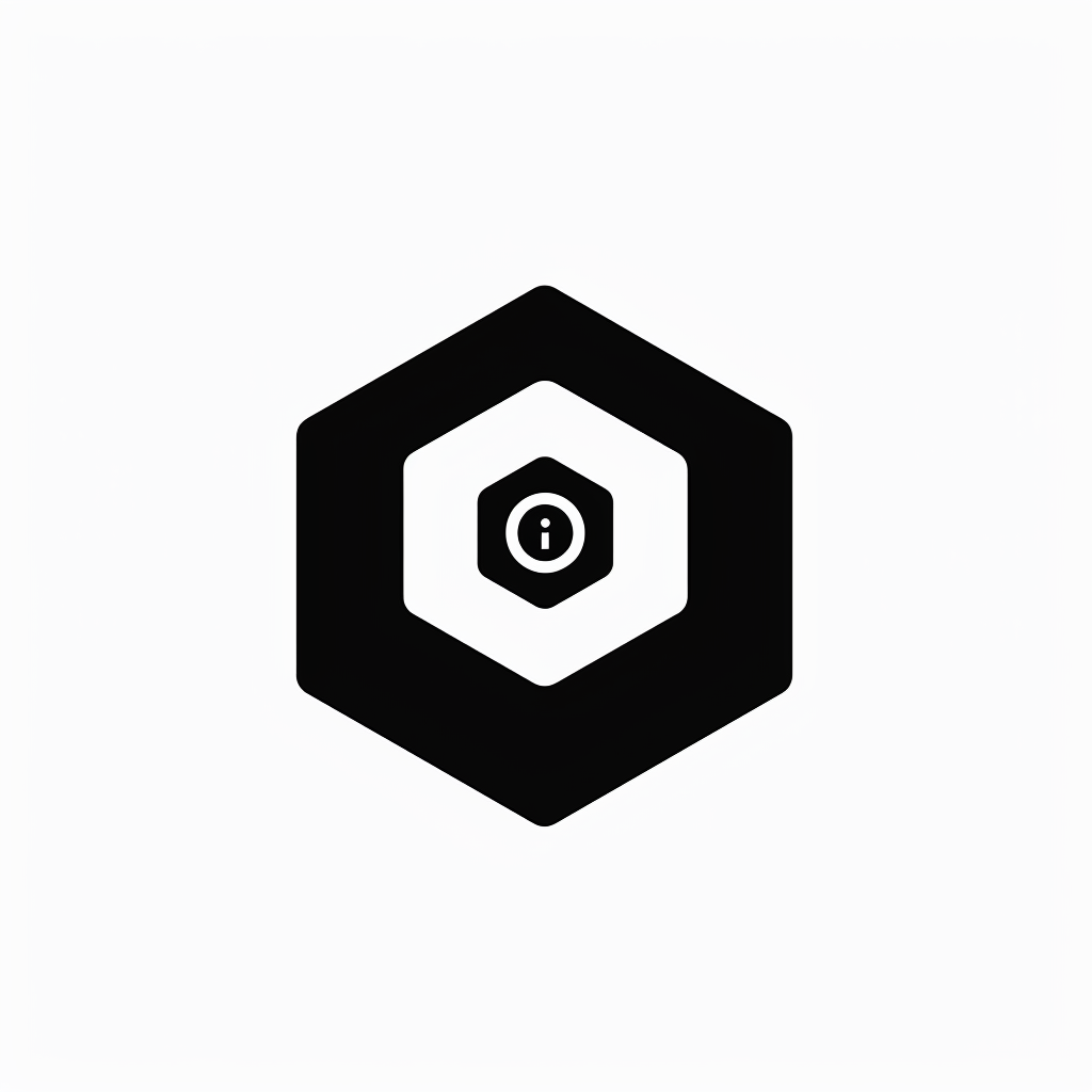 logo, minimalistic style logo of cube with white background and black symbol for company name 'iDorf', icon in the shape of an octagon that represents an augmented reality app on mobile phone, small circle inside big square, simple design