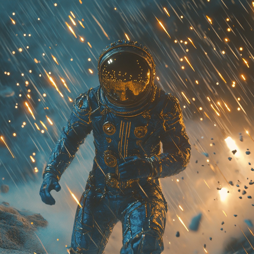 1980 cinematic still, a man in a blue spacesuit with intricate gold details, space walking outside a alien planet, while it's raining a lot of small meteorite, shock mood