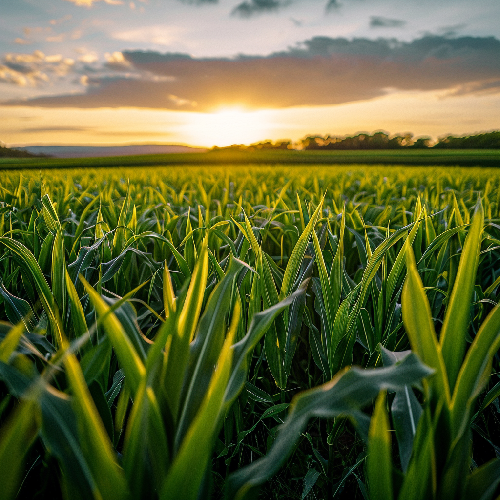 a landscape of picture of a corn field  ,Sony α7 III camera with a 85mm lens at F 1.2 aperture setting to blur the background and isolate the subject. The image should be shot in high resolution and in a 1:1 aspect ratio with photorealism mode on to create an ultra-realistic image that captures the landscape's natural beauty and personality