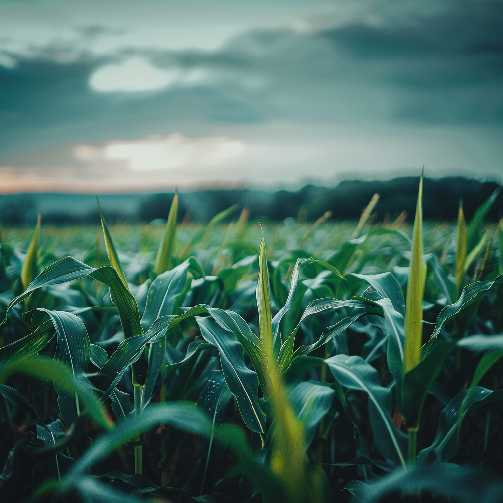 a landscape of picture of a corn field  ,Sony α7 III camera with a 85mm lens at F 1.2 aperture setting to blur the background and isolate the subject. The image should be shot in high resolution and in a 1:1 aspect ratio with photorealism mode on to create an ultra-realistic image that captures the landscape's natural beauty and personality