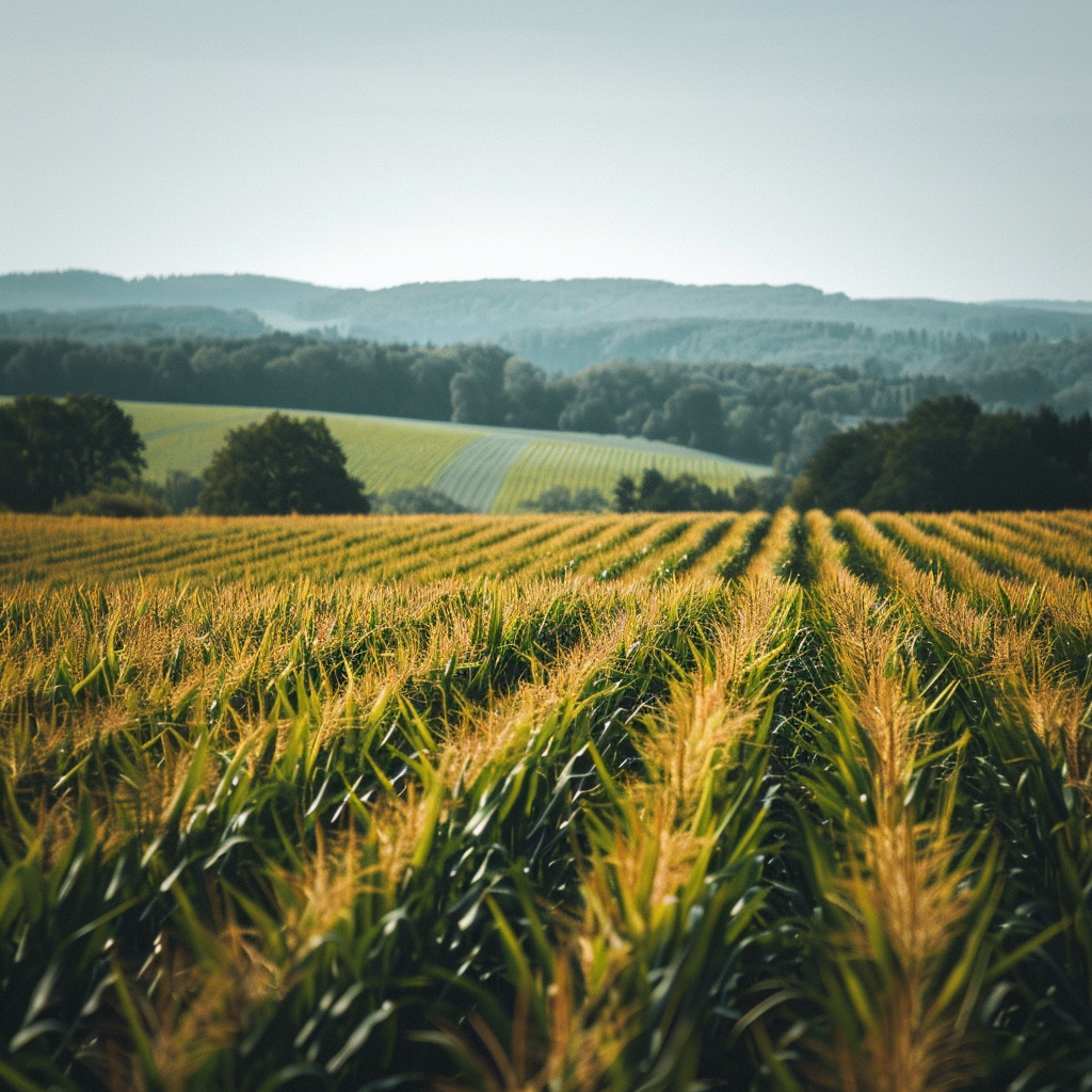 a landscape of picture of a corn field  ,Sony α7 III camera with a 85mm lens at F 1.2 aperture setting to blur the background and isolate the subject. The image should be shot in high resolution and in a 1:1 aspect ratio with photorealism mode on to create an ultra-realistic image that captures the landscape's natural beauty and personality