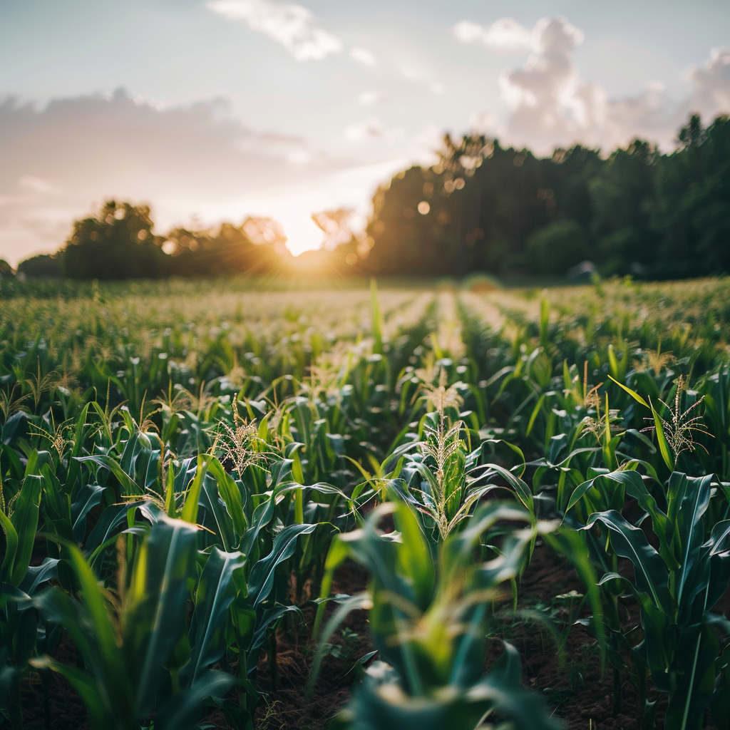 a landscape of picture of a corn field  ,Sony α7 III camera with a 85mm lens at F 1.2 aperture setting to blur the background and isolate the subject. The image should be shot in high resolution and in a 1:1 aspect ratio with photorealism mode on to create an ultra-realistic image that captures the landscape's natural beauty and personality