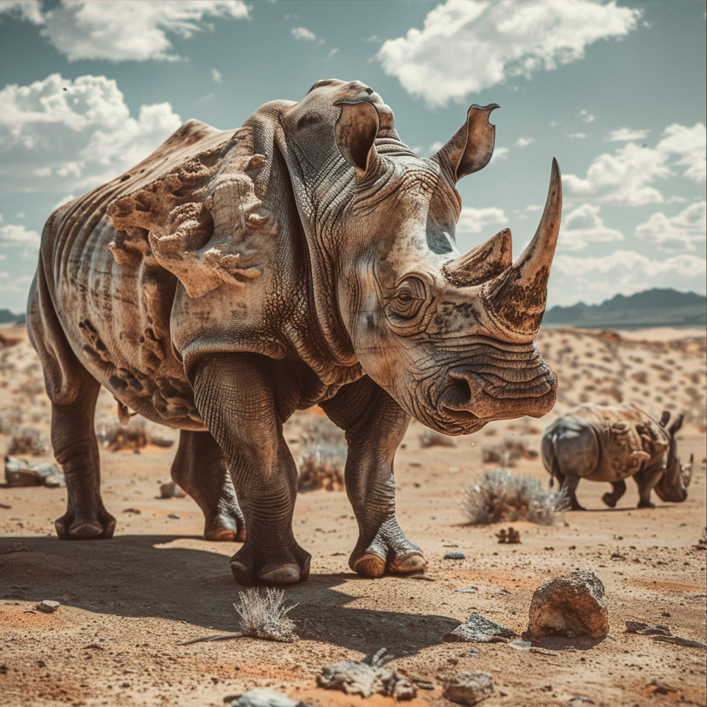 an rhino in the desert, realistic photoshoot