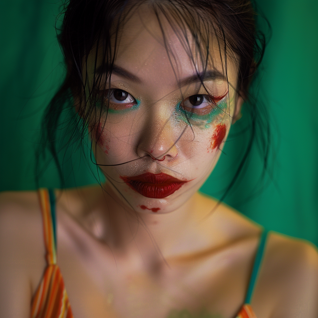 Shot using Hasselblad H6D400c of exotic juicy no smile. The background is bright Hunter Green, creating a striking contrast that highlights Glamour centerfold look. Hip Hop Exotic Korean pin up models with ((1988's Hip Hop style)). Model poses in front of camera with circus clown makeup serious look. ((Light hazel eyes)). Contrast portrait and fine detail with high motion. Studio lighting. ((Print Ad)) | Billboard| Magazine. HD. 8K. Cinematic. Movie scene. Centered shot. Supermodel face. Full-body to head. dynamic scene. Front view. Motion Blur. --ar 2:3 --v 6