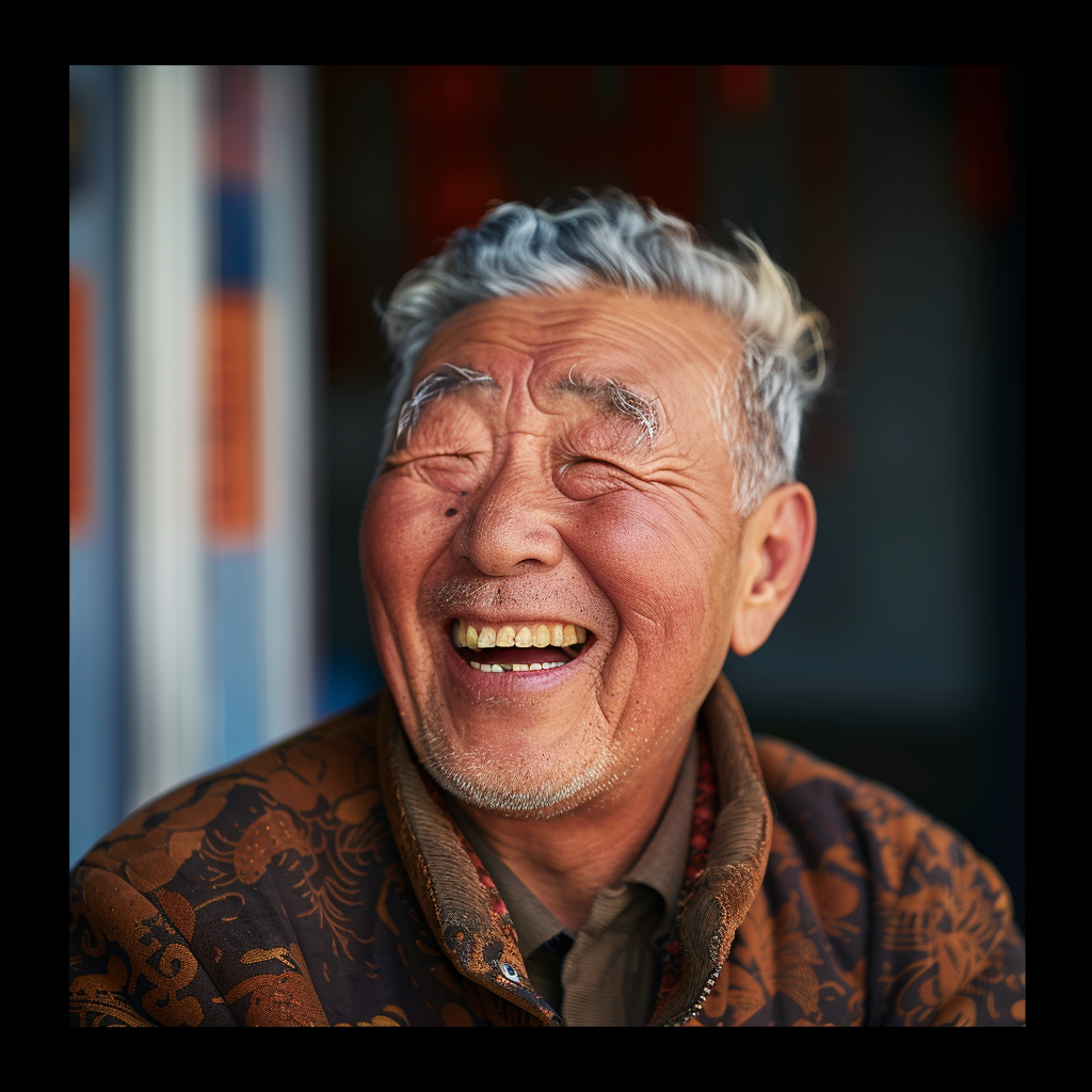 a portrait of a chinese man laughing ,Sony α7 III camera with a 85mm lens at F 1.2 aperture setting to blur the background and isolate the subject. The image should be shot in high resolution and in a 1:1 aspect ratio with photorealism mode on to create an ultra-realistic image that captures the subject’s natural beauty and personality