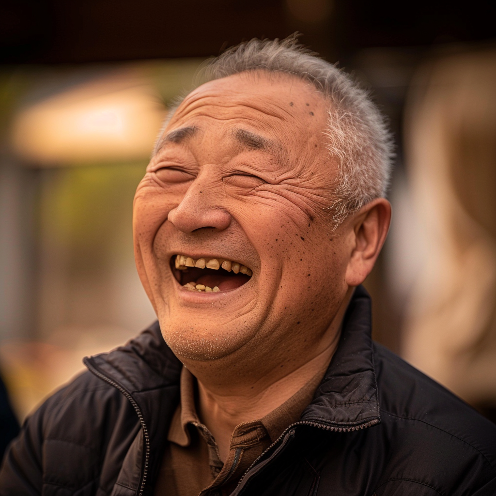 a portrait of a chinese man laughing ,Sony α7 III camera with a 85mm lens at F 1.2 aperture setting to blur the background and isolate the subject. The image should be shot in high resolution and in a 1:1 aspect ratio with photorealism mode on to create an ultra-realistic image that captures the subject’s natural beauty and personality