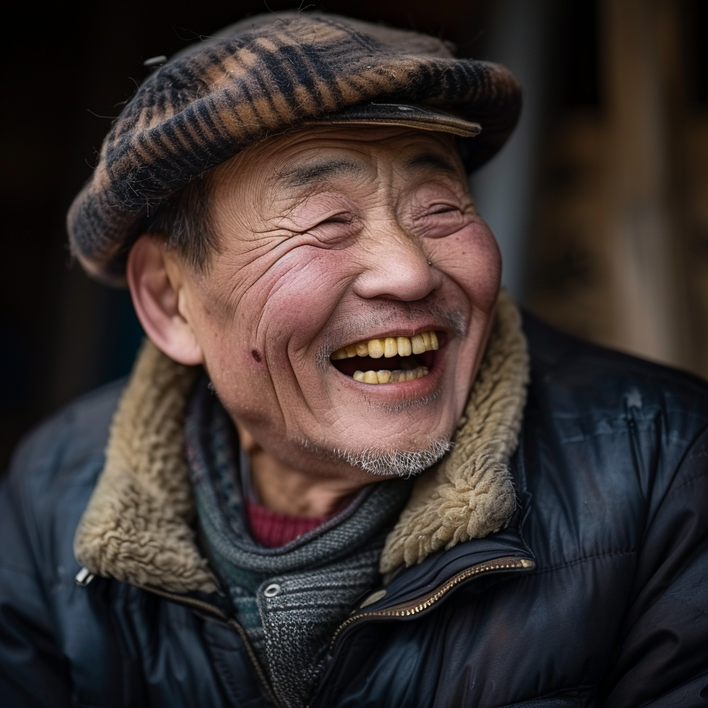 a portrait of a chinese man laughing ,Sony α7 III camera with a 85mm lens at F 1.2 aperture setting to blur the background and isolate the subject. The image should be shot in high resolution and in a 1:1 aspect ratio with photorealism mode on to create an ultra-realistic image that captures the subject’s natural beauty and personality