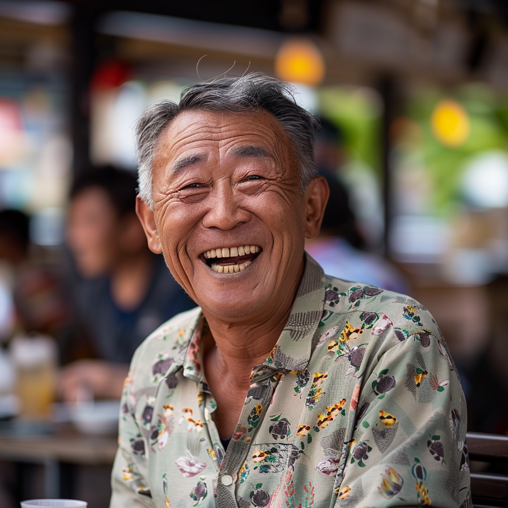 a portrait of a chinese man laughing ,Sony α7 III camera with a 85mm lens at F 1.2 aperture setting to blur the background and isolate the subject. The image should be shot in high resolution and in a 1:1 aspect ratio with photorealism mode on to create an ultra-realistic image that captures the subject’s natural beauty and personality