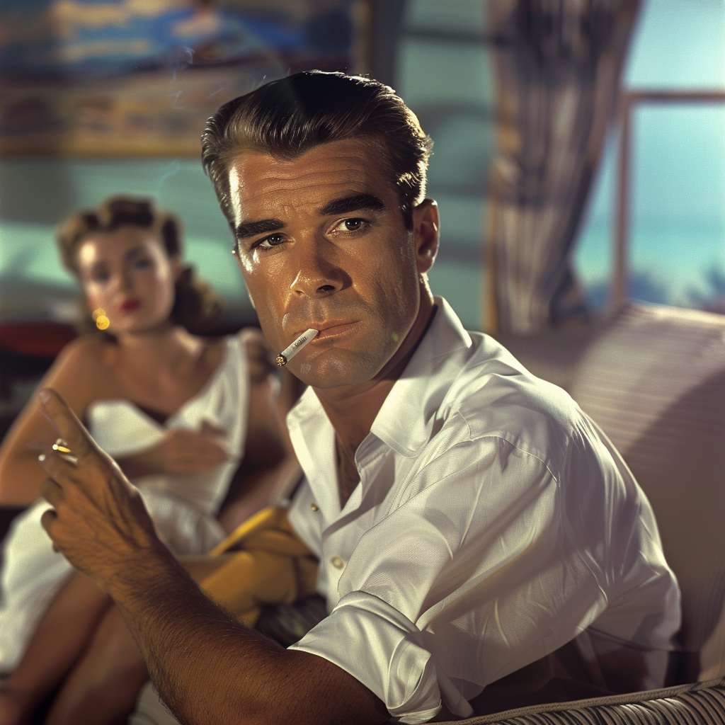 A classic movie scene of a handsome narrow-faced 1950s man with slicked-back hair wearing white shirt and holding a cigarette, facing the viewer, a pretty 1940s woman in minimal clothing behind him on a couch, dramatic scene, vintage James Bond style 