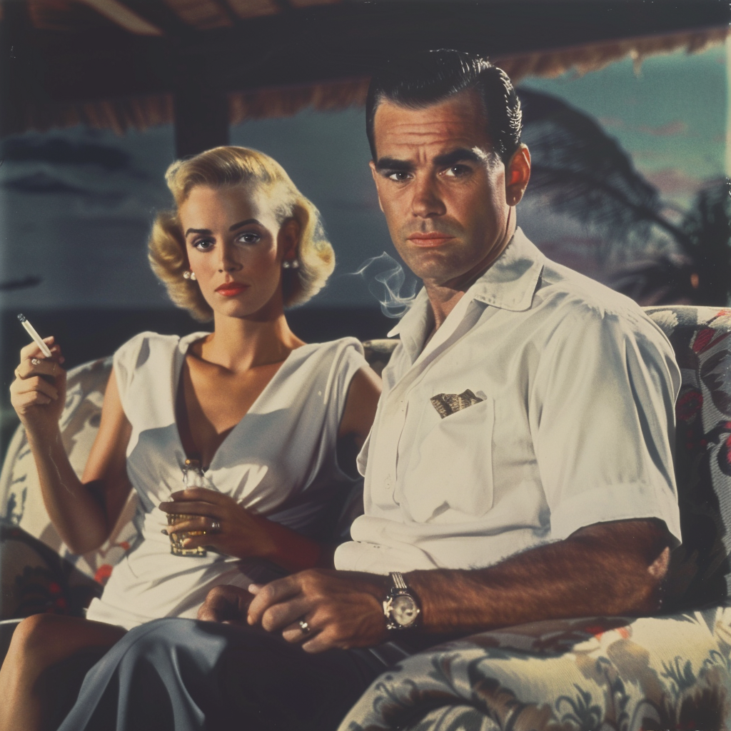 A classic movie scene of a handsome narrow-faced 1950s man with slicked-back hair wearing white shirt and holding a cigarette, facing the viewer, a pretty 1940s woman in minimal clothing behind him on a couch, dramatic scene, vintage James Bond style 