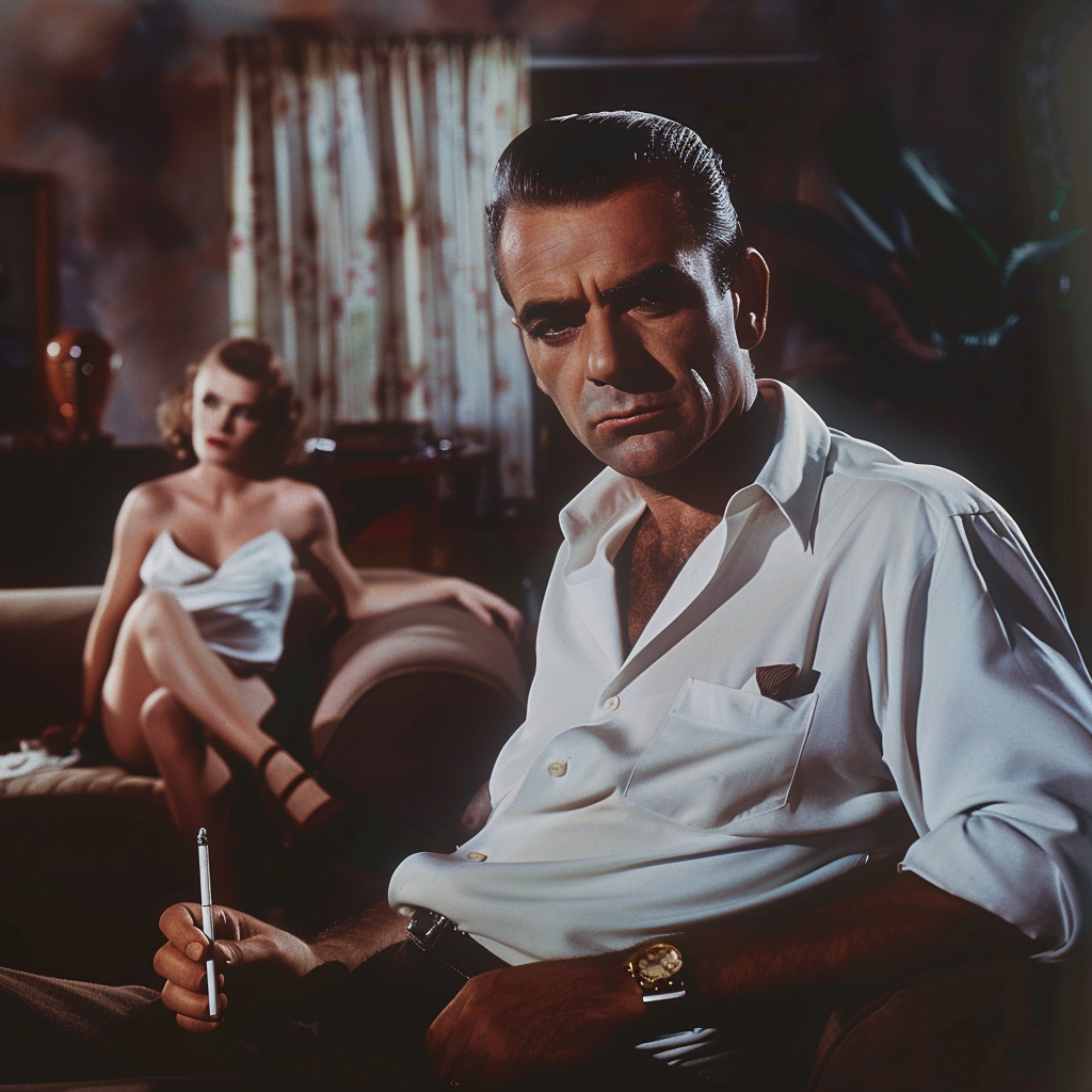 A classic movie scene of a handsome narrow-faced 1950s man with slicked-back hair wearing white shirt and holding a cigarette, facing the viewer, a pretty 1940s woman in minimal clothing behind him on a couch, dramatic scene, vintage James Bond style 