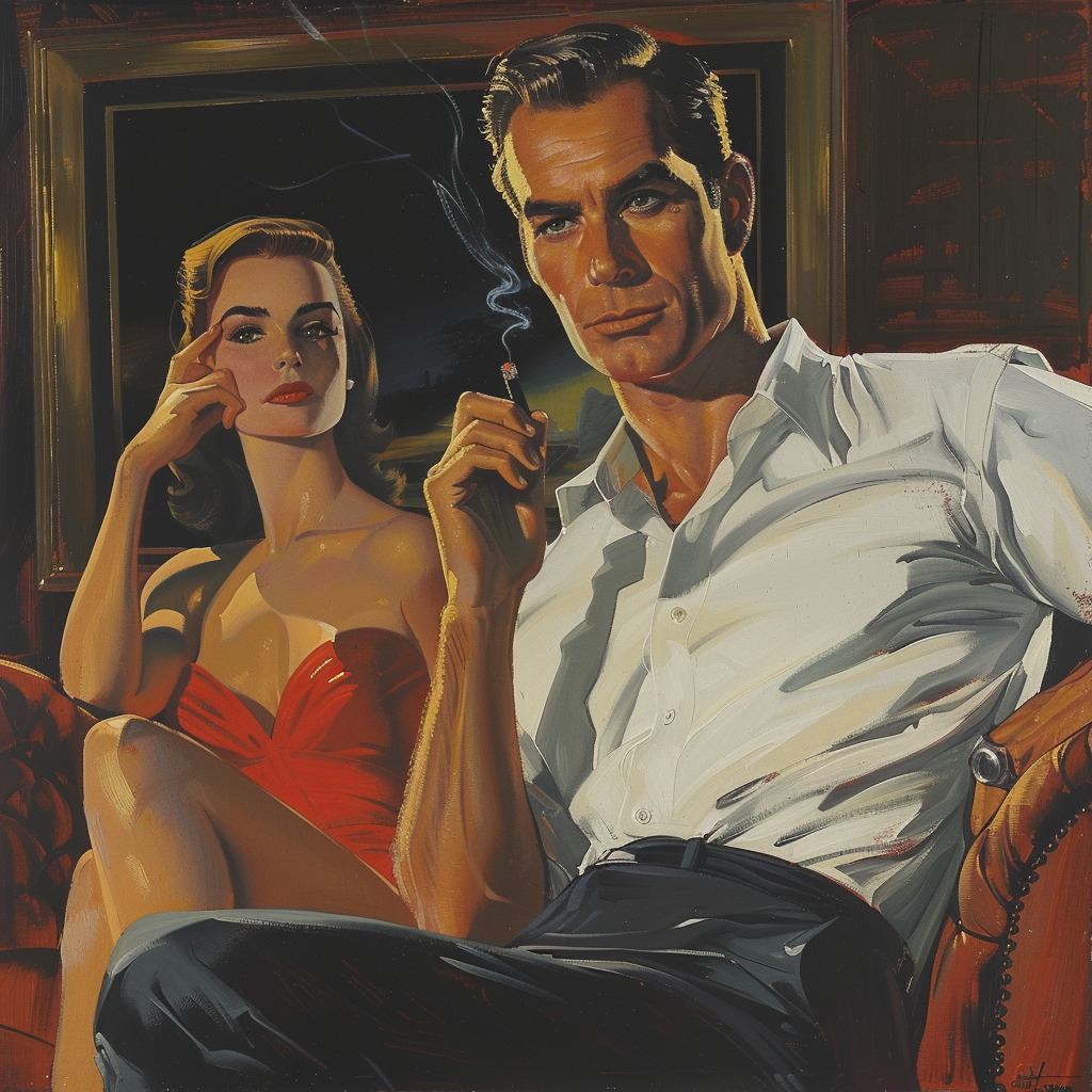 A classic movie scene of a handsome narrow-faced 1950s man with slicked-back hair wearing white shirt and holding a cigarette, facing the viewer, a pretty 1940s woman in minimal clothing behind him on a couch, dramatic scene, vintage James Bond style 