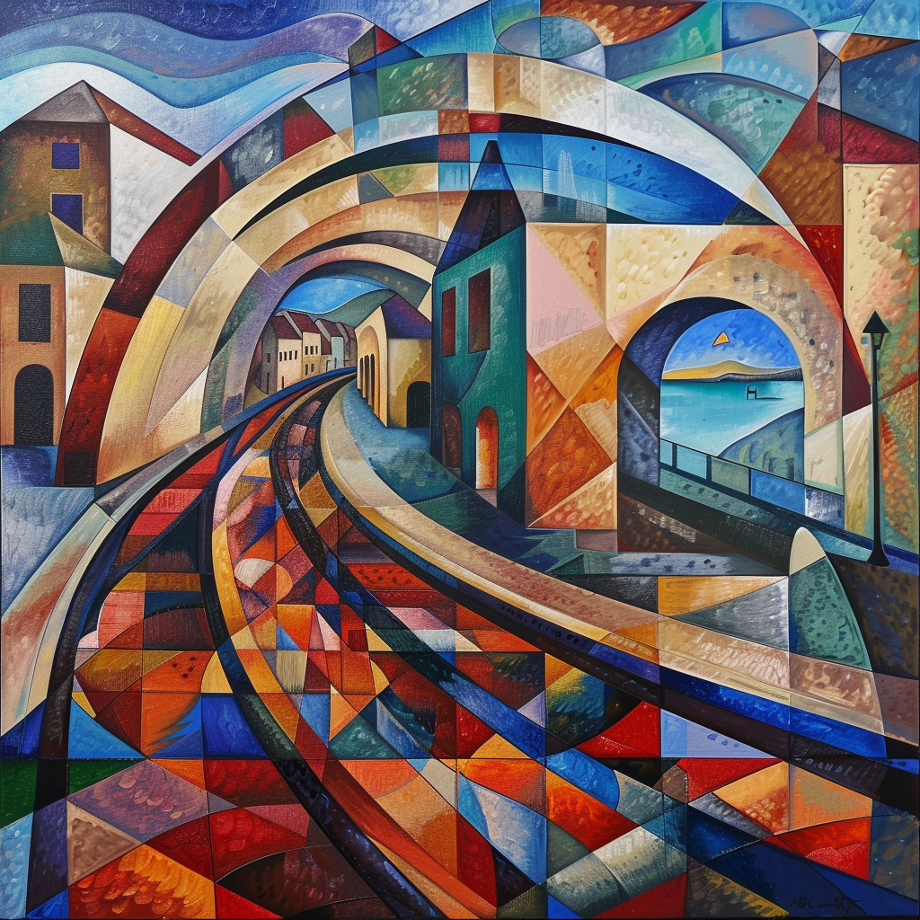 Describe a painting of a train station from the Cubist art movement featuring realistic textures and vibrant colors.