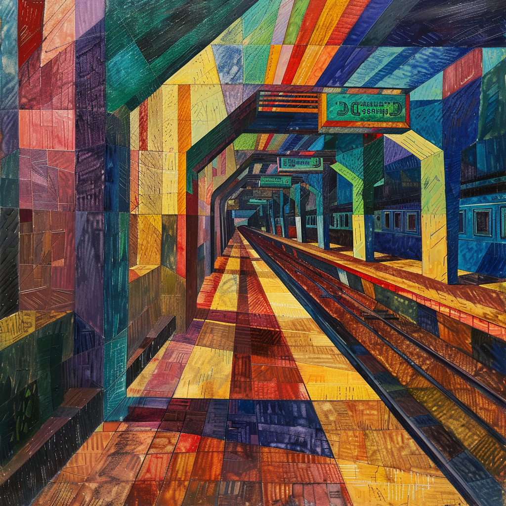 Describe a painting of a train station from the Cubist art movement featuring realistic textures and vibrant colors.