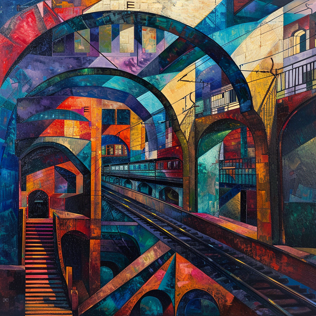 Describe a painting of a train station from the Cubist art movement featuring realistic textures and vibrant colors.