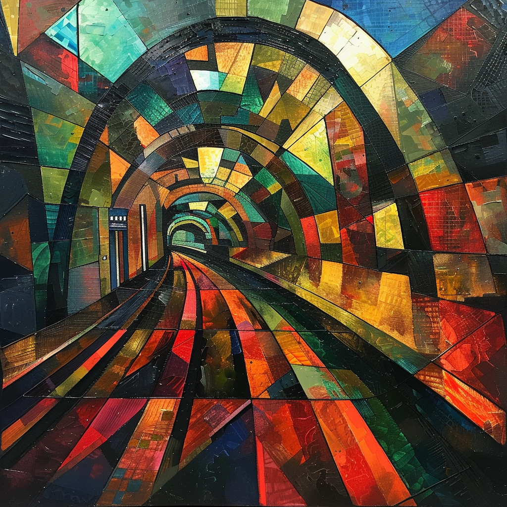 Describe a painting of a train station from the Cubist art movement featuring realistic textures and vibrant colors.