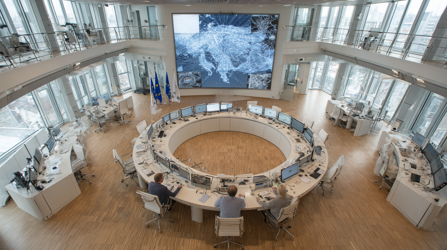 Moderne EU crisiscoördinatiecentrum met officials die gezondheidsdata bespreken