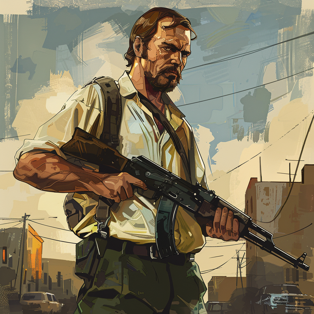 Image of a man with a AK47 ,in the style of grand theft auto, digital painting, loading screen, comic book style