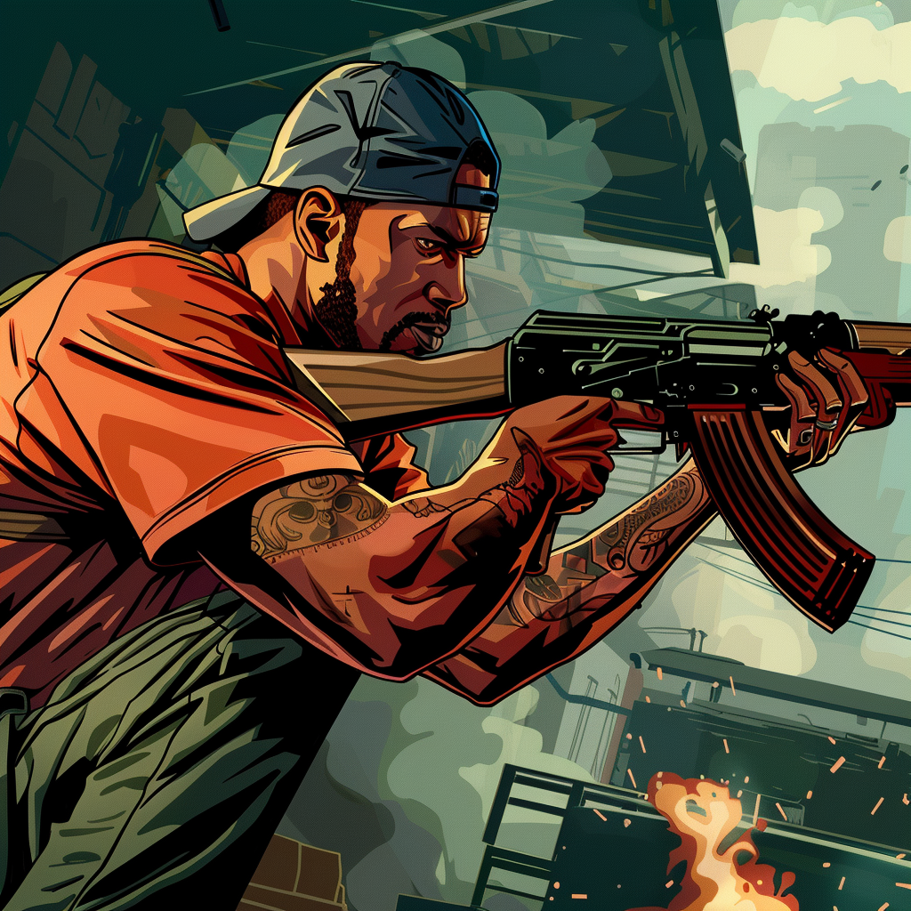 Image of a man with a AK47 ,in the style of grand theft auto, digital painting, loading screen, comic book style