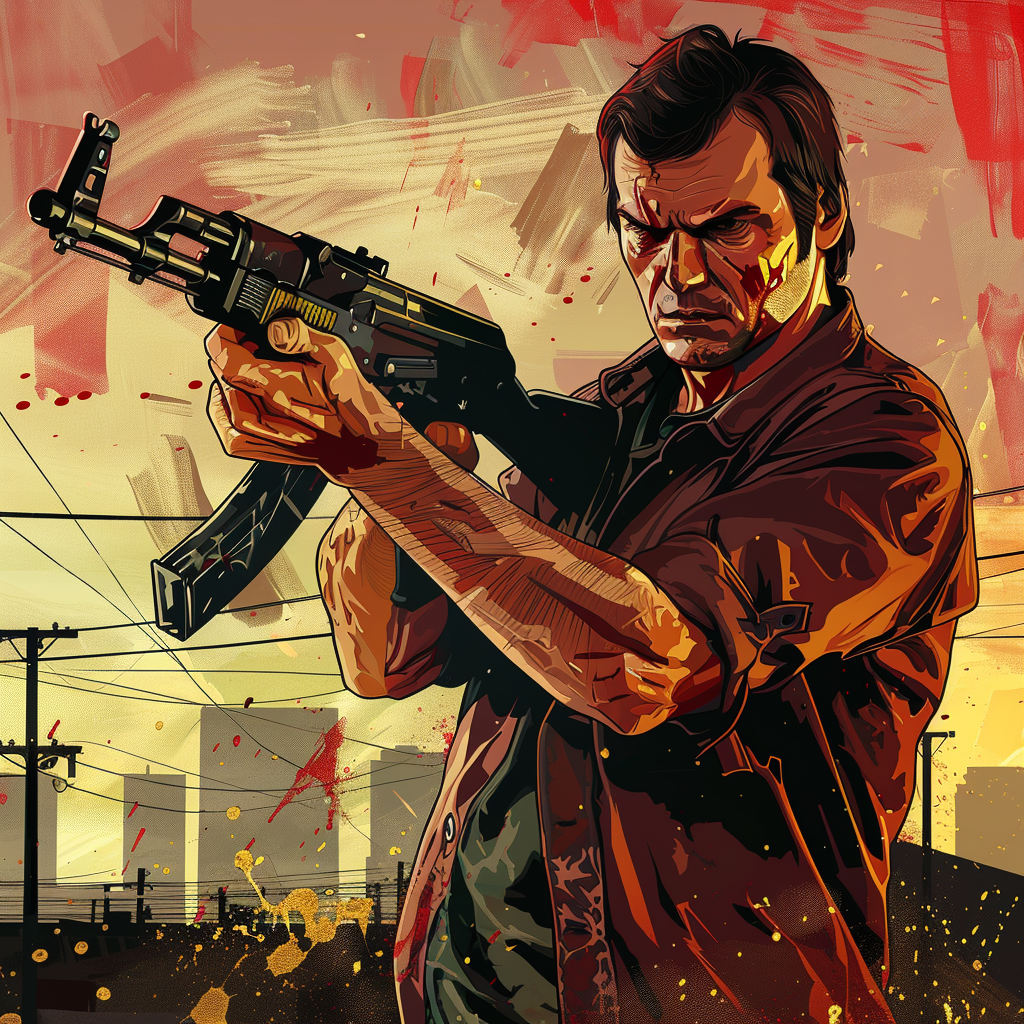 Image of a man with a AK47 ,in the style of grand theft auto, digital painting, loading screen, comic book style