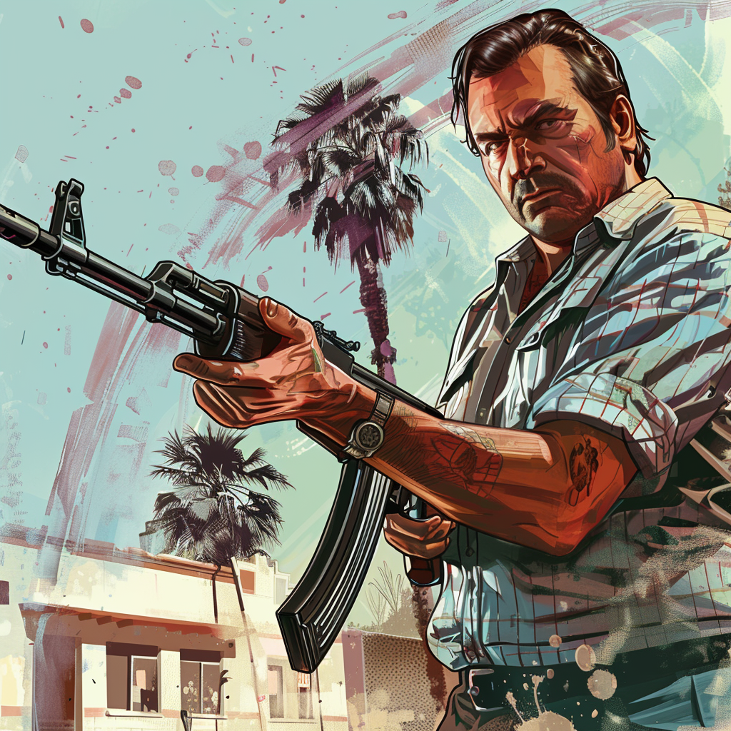 Image of a man with a AK47 ,in the style of grand theft auto, digital painting, loading screen, comic book style