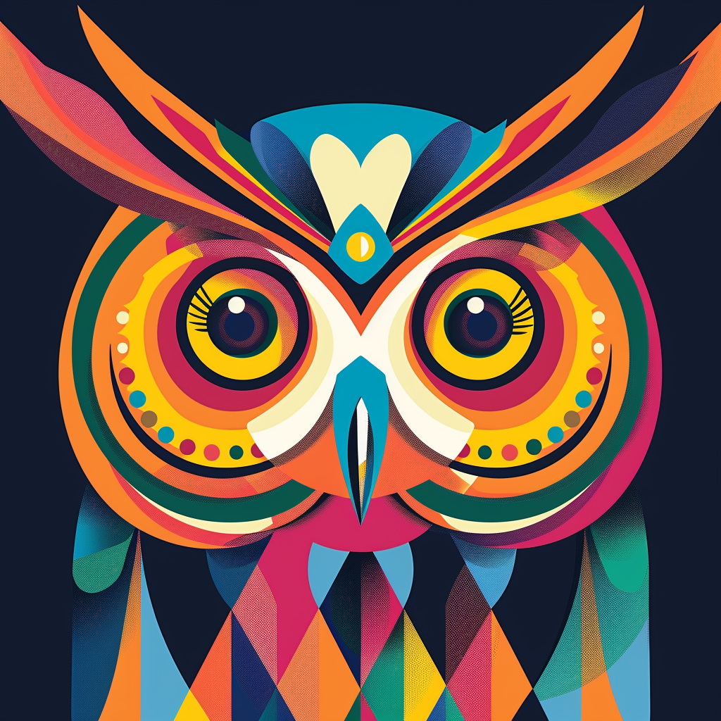 Vibrant depiction of an owl using minimal design elements and bright colors.