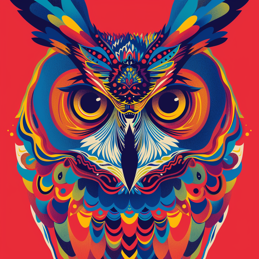 Vibrant depiction of an owl using minimal design elements and bright colors.