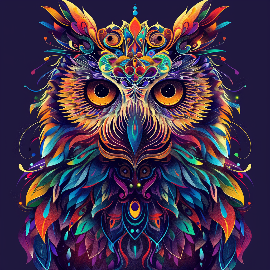 Vibrant depiction of an owl using minimal design elements and bright colors.