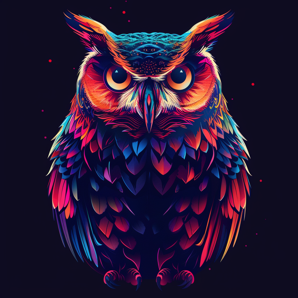 Vibrant depiction of an owl using minimal design elements and bright colors.