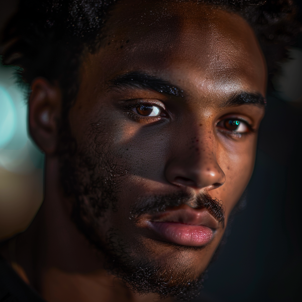 a portrait of a man from another galaxy ,Sony α7 III camera with a 85mm lens at F 1.2 aperture setting to blur the background and isolate the subject. The image should be shot in high resolution and in a 1:1 aspect ratio with photorealism mode on to create an ultra-realistic image that captures the subject’s natural beauty and personality