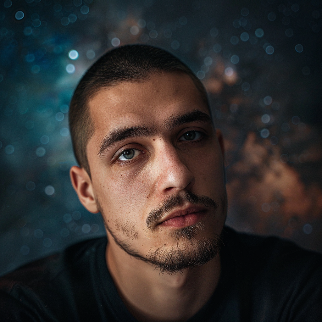 a portrait of a man from another galaxy ,Sony α7 III camera with a 85mm lens at F 1.2 aperture setting to blur the background and isolate the subject. The image should be shot in high resolution and in a 1:1 aspect ratio with photorealism mode on to create an ultra-realistic image that captures the subject’s natural beauty and personality