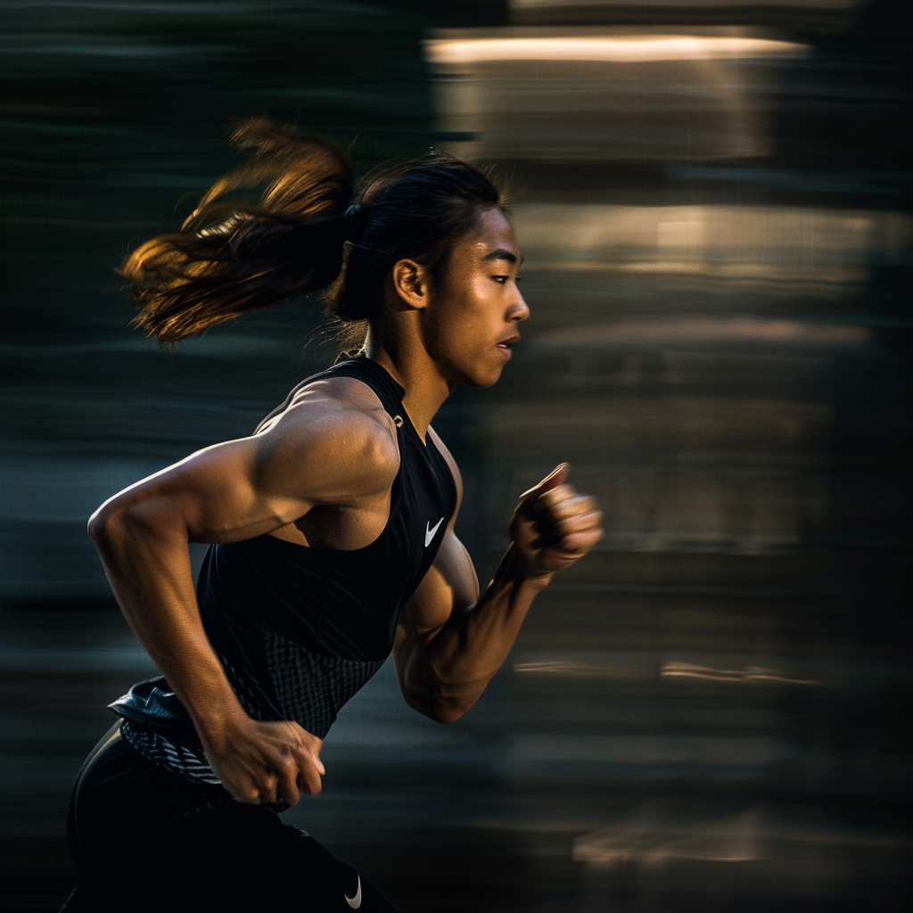 a portrait of an athlete running ,Sony α7 III camera with a 85mm lens at F 1.2 aperture setting to blur the background and isolate the subject. The image should be shot in high resolution and in a 1:1 aspect ratio with photorealism mode on to create an ultra-realistic image that captures the subject’s natural beauty and personality