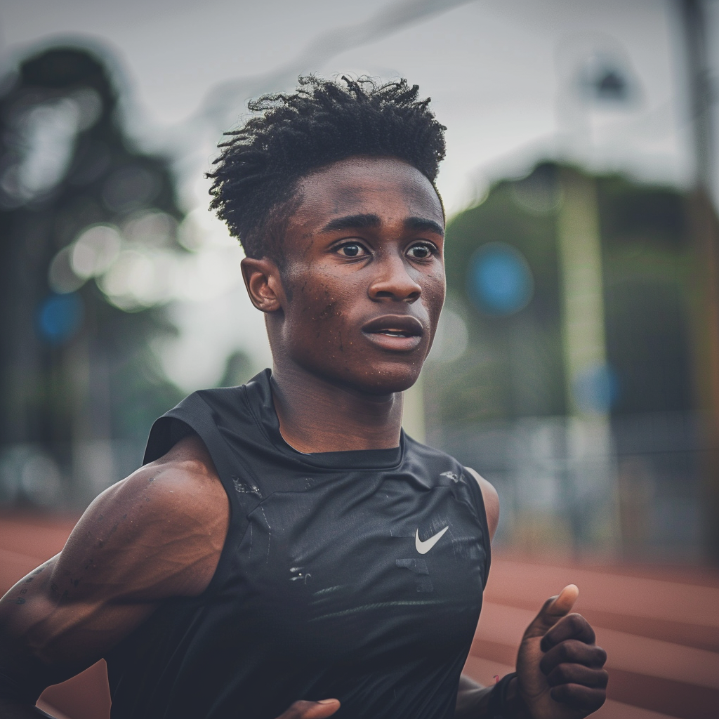 a portrait of an athlete running ,Sony α7 III camera with a 85mm lens at F 1.2 aperture setting to blur the background and isolate the subject. The image should be shot in high resolution and in a 1:1 aspect ratio with photorealism mode on to create an ultra-realistic image that captures the subject’s natural beauty and personality