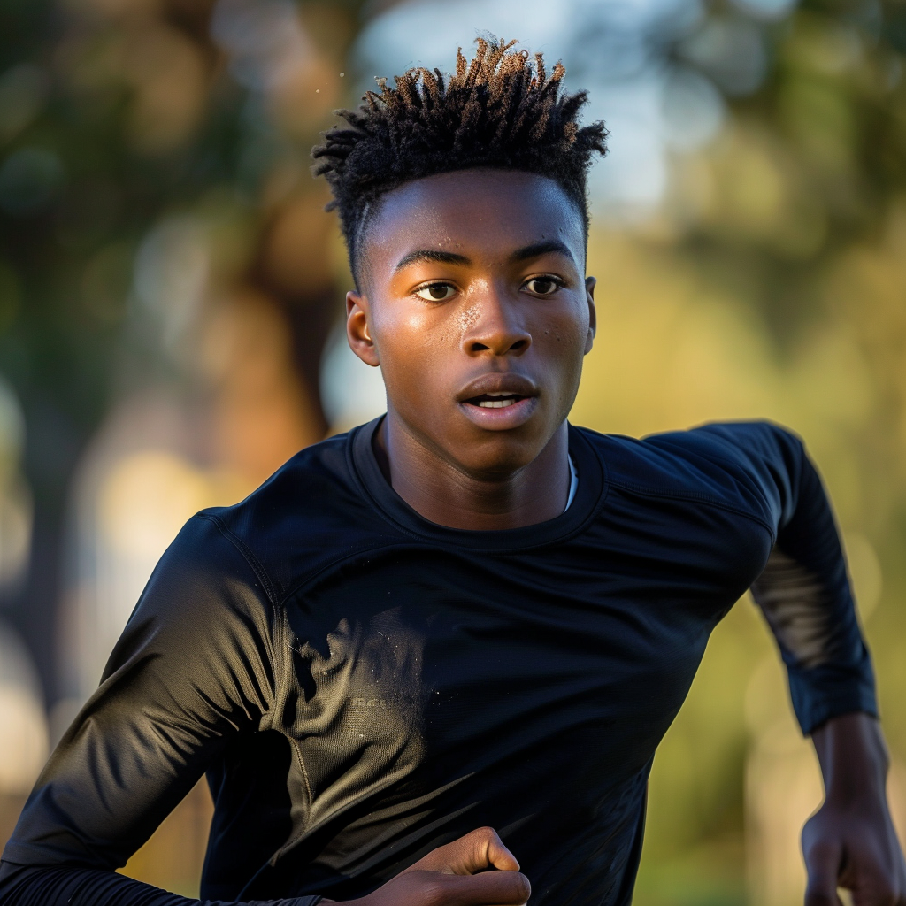 a portrait of an athlete running ,Sony α7 III camera with a 85mm lens at F 1.2 aperture setting to blur the background and isolate the subject. The image should be shot in high resolution and in a 1:1 aspect ratio with photorealism mode on to create an ultra-realistic image that captures the subject’s natural beauty and personality