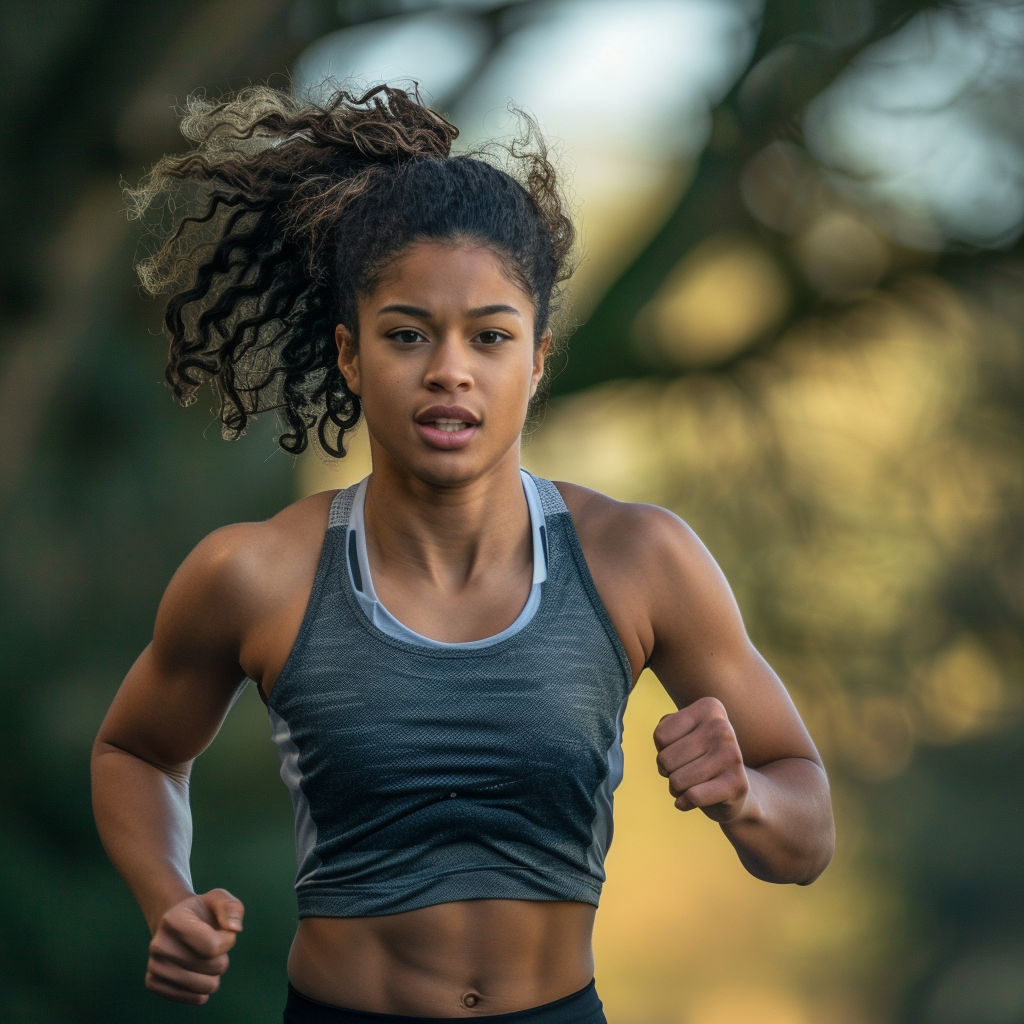 a portrait of an athlete running ,Sony α7 III camera with a 85mm lens at F 1.2 aperture setting to blur the background and isolate the subject. The image should be shot in high resolution and in a 1:1 aspect ratio with photorealism mode on to create an ultra-realistic image that captures the subject’s natural beauty and personality