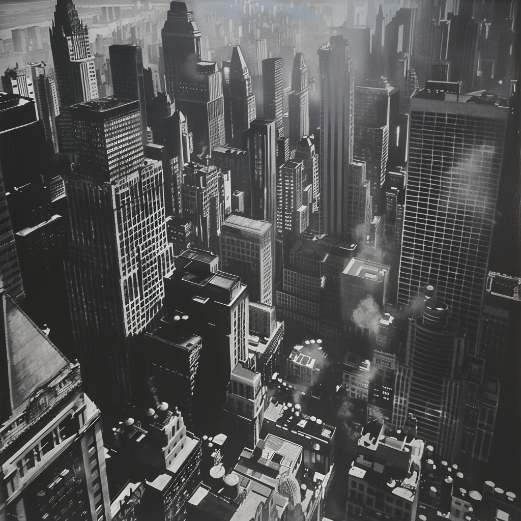 An aerial view of an Edward Hopper-style photograph of a city skyline.