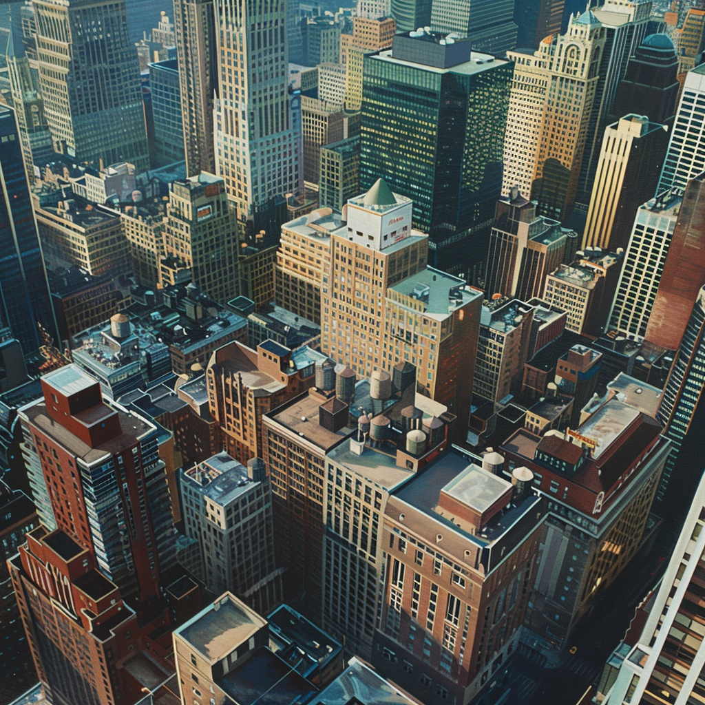 An aerial view of an Edward Hopper-style photograph of a city skyline.