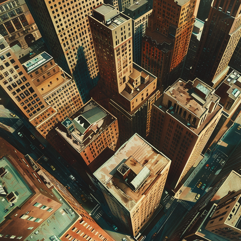 An aerial view of an Edward Hopper-style photograph of a city skyline.