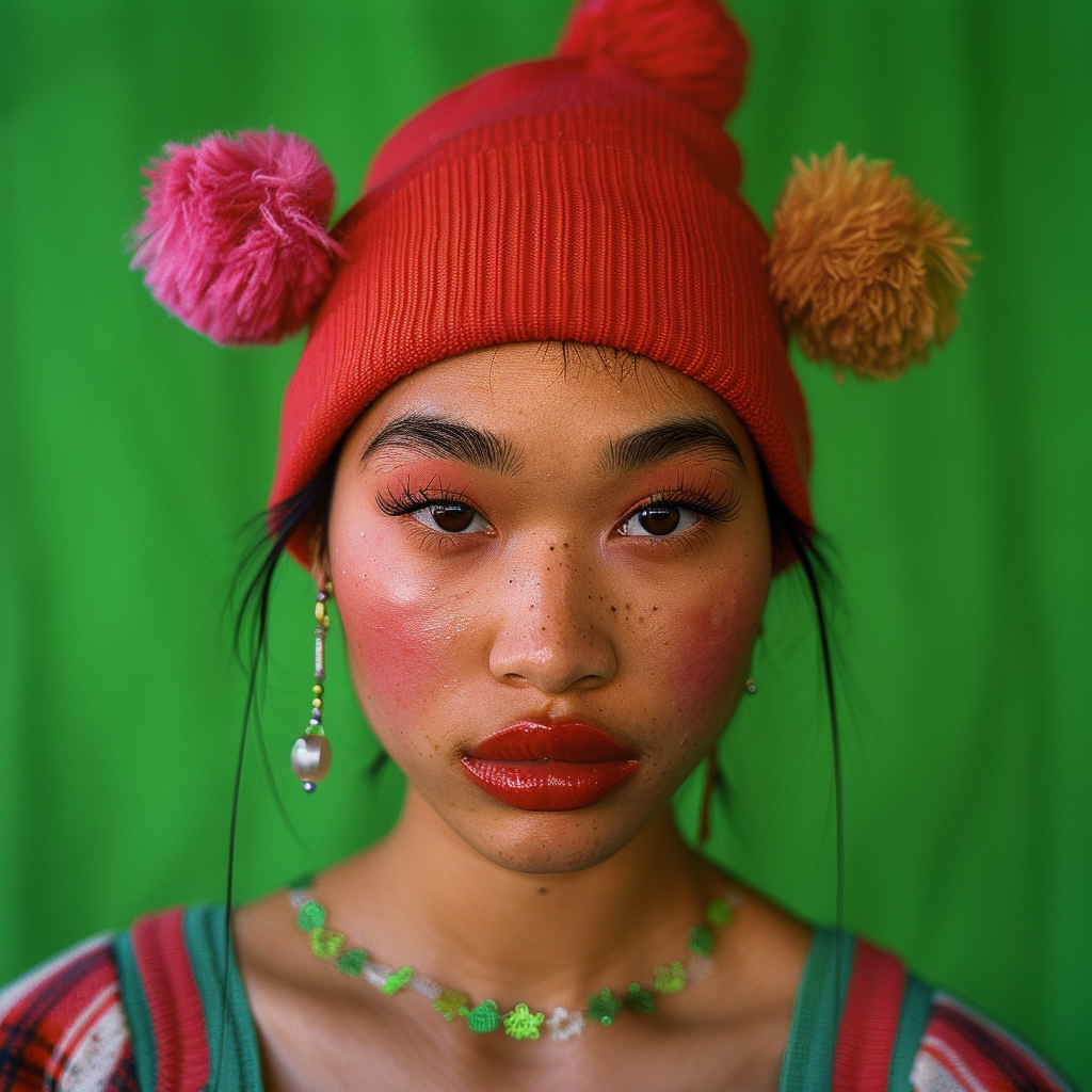 Shot using Hasselblad H6D400c of exotic juicy no smile. The background is bright Hunter Green, creating a striking contrast that highlights Glamour centerfold look. Hip Hop Exotic Black race pin up models with ((1988's Hip Hop style)). Model poses in front of camera with circus clown makeup serious look. ((Light hazel eyes)). Contrast portrait and fine detail with high motion. Studio lighting. ((Print Ad)) | Billboard| Magazine. HD. 8K. Cinematic. Movie scene. Centered shot. Supermodel face. Full-body to head. dynamic scene. Front view. Motion Blur. --ar 2:3 --v 6