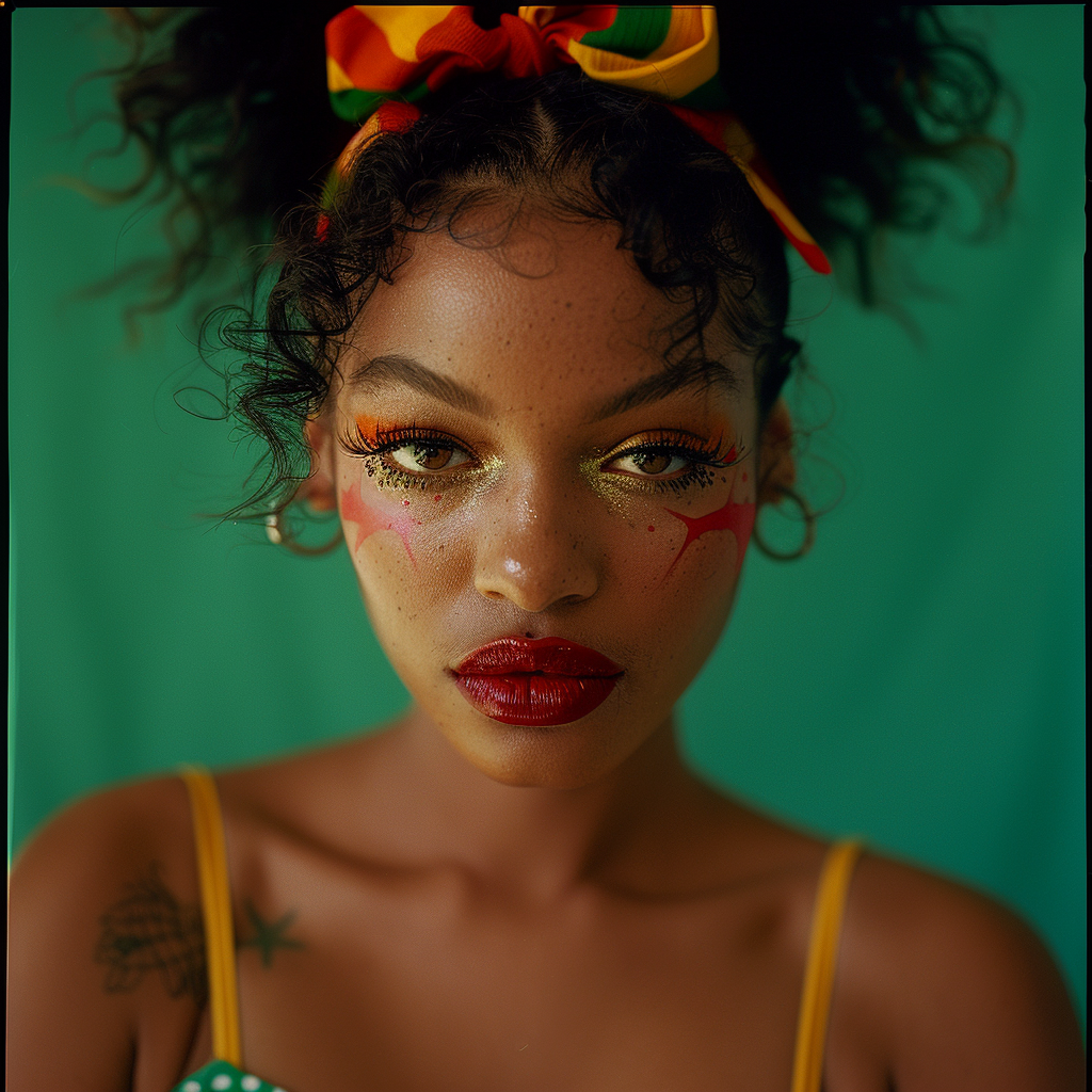 Shot using Hasselblad H6D400c of exotic juicy no smile. The background is bright Hunter Green, creating a striking contrast that highlights Glamour centerfold look. Hip Hop Exotic Black race pin up models with ((1988's Hip Hop style)). Model poses in front of camera with circus clown makeup serious look. ((Light hazel eyes)). Contrast portrait and fine detail with high motion. Studio lighting. ((Print Ad)) | Billboard| Magazine. HD. 8K. Cinematic. Movie scene. Centered shot. Supermodel face. Full-body to head. dynamic scene. Front view. Motion Blur. --ar 2:3 --v 6