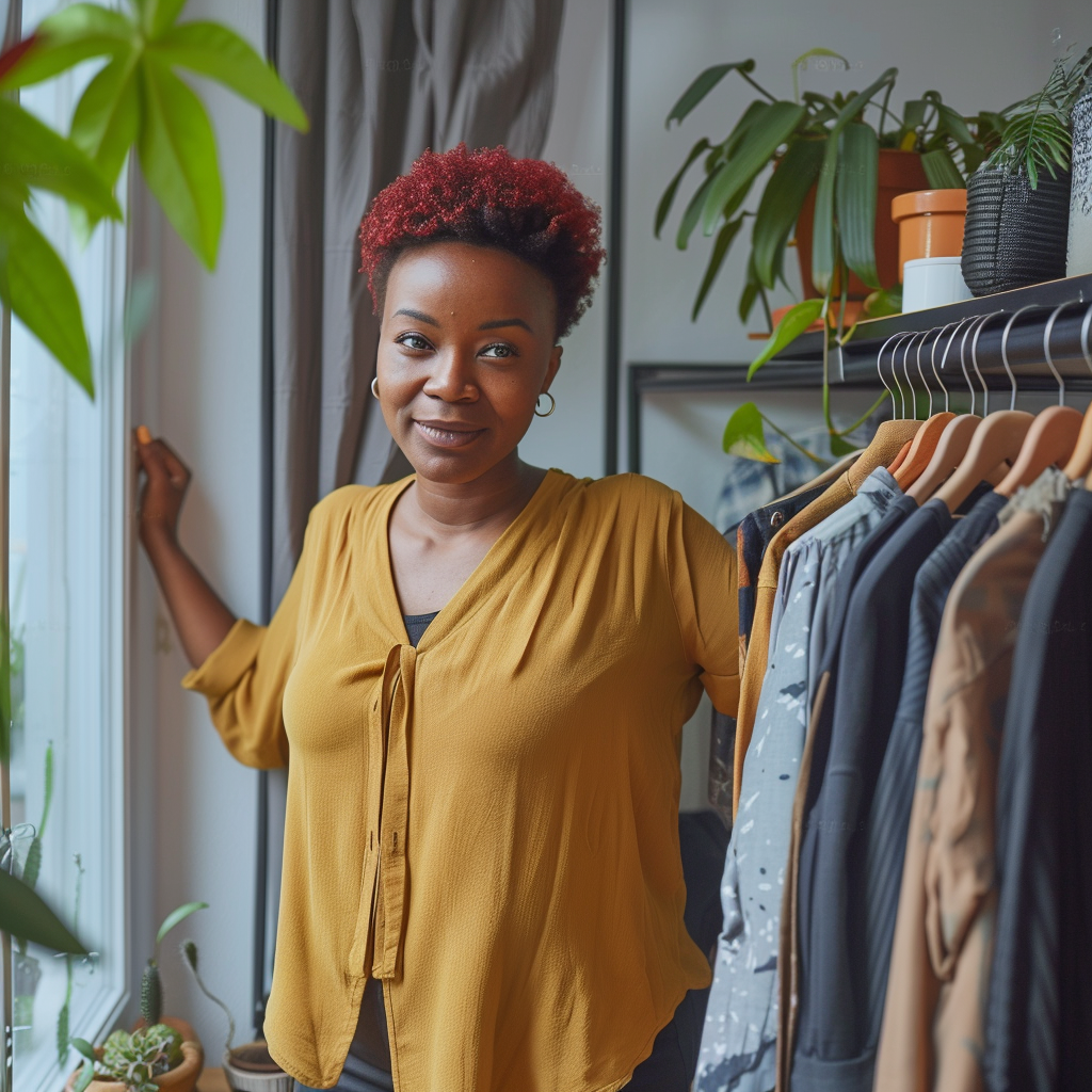 A black woman aged 25 - 45, slim build, red tinted short hair is trying on clothes at home that she received by mail from zalando lounge.