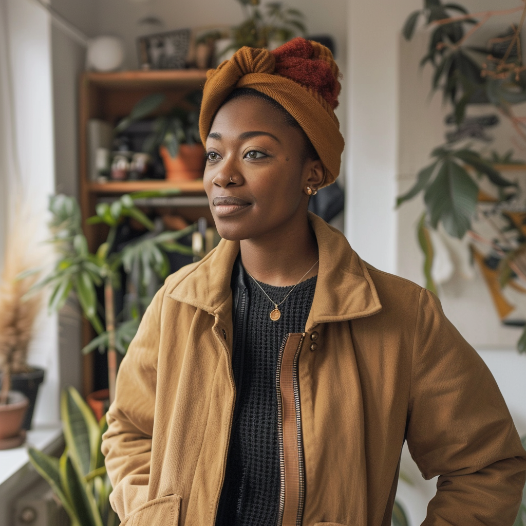 A black woman aged 25 - 45, slim build, red tinted short hair is trying on clothes at home that she received by mail from zalando lounge.