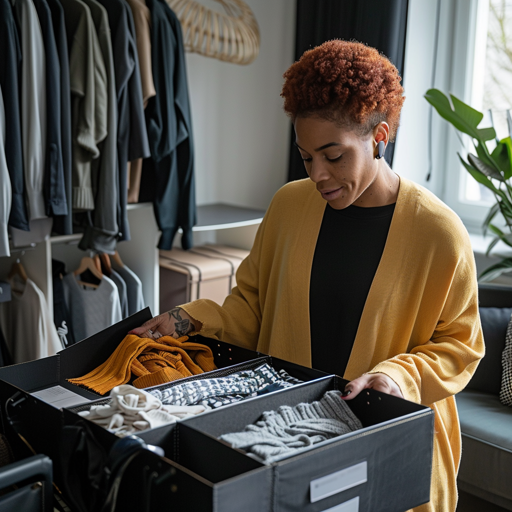 A black woman aged 25 - 45, slim build, red tinted short hair is trying on clothes at home that she received by mail from zalando lounge.